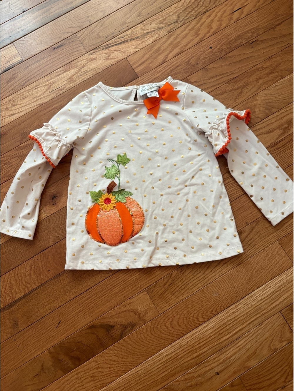 Rare Edition Girls' Long Sleeve Cream Top with Gold Polka Dots and Pumpkin 4t